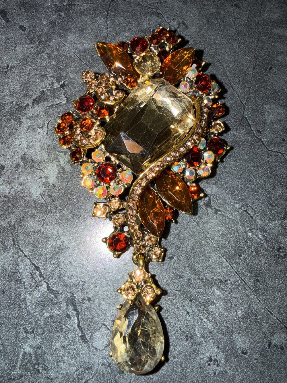 Gold and Amber Crystal Drop Brooch - Women Jewelry